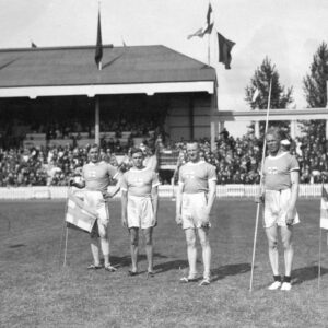Jonni Myyrä, Urho Peltonen, Paavo Johansson ja Julius Saaristo Antwerpenin olympialaisissa 1920.-0